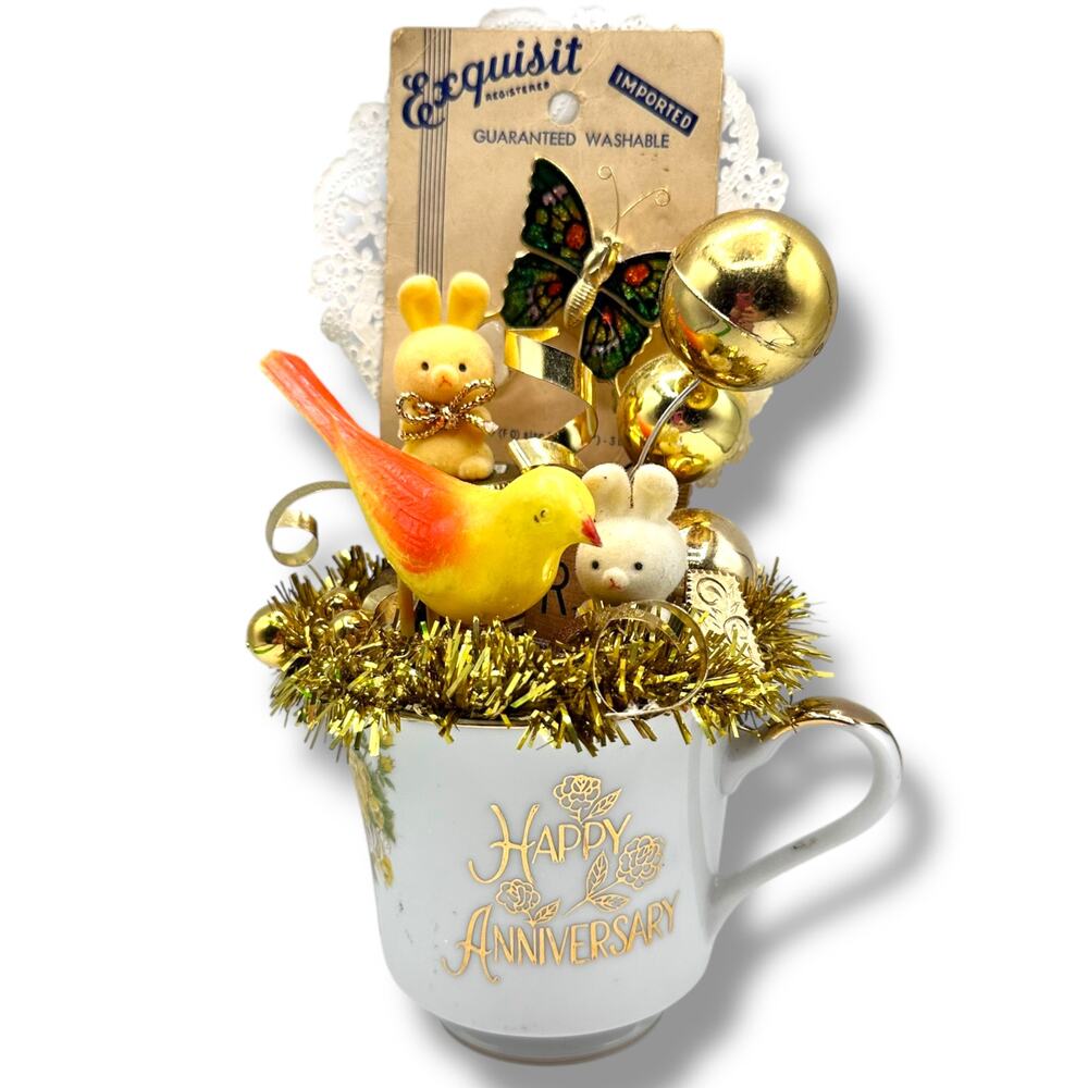 Kitsch Emporium Vintage Assemblage Art Piece - Anniversary teacup with bunnies